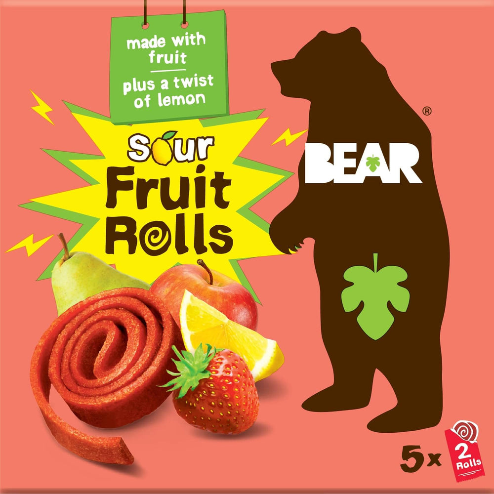 Bear Sour Fruit Snack Rolls pack, strawberry-lemon flavor, gluten-free and vegan.