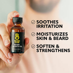 Beard Club cedar-sandalwood beard oil bottle ready for daily grooming.