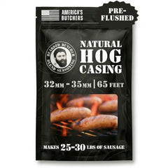 Bearded Butchers natural hog casings 32-35mm in a pack for professional sausage making.