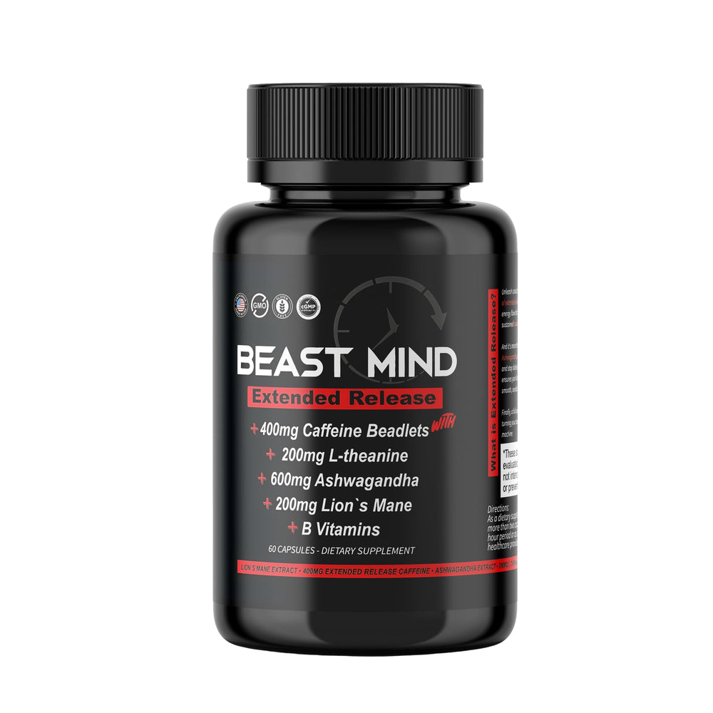 Beast Mind extended-release bottle front for steady energy and focus