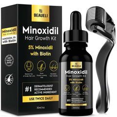 Beaueli minoxidil 5percent bottle for hair growth and fuller appearance.