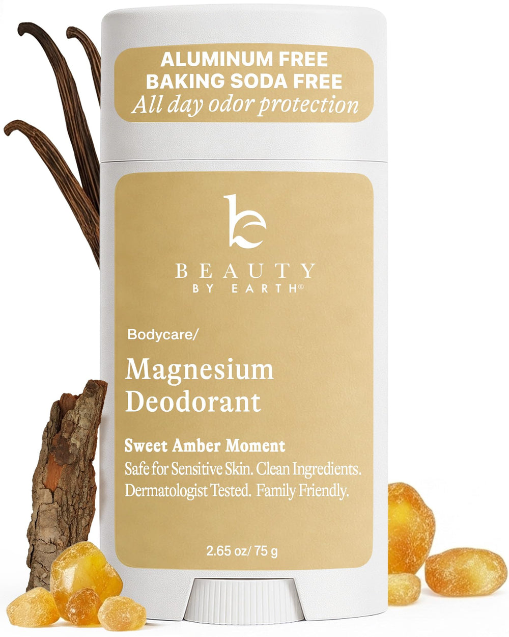 Beauty by Earth deodorant bottle shows aluminum-free formula for everyday freshness.