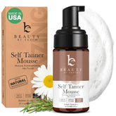 Beauty by Earth self tan mousse bottle, clean USA-made formula for deep bronze glow.