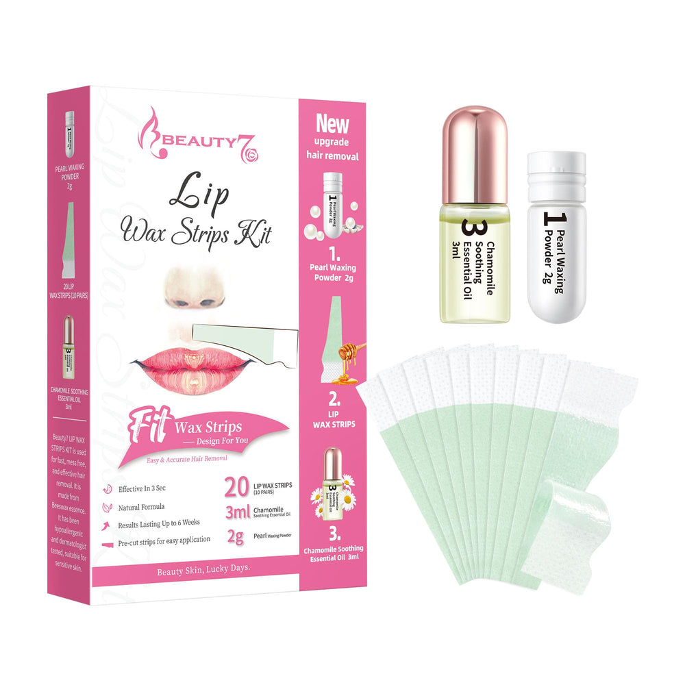 Beauty7 lip wax strips package with natural beeswax and jojoba for gentle removal