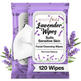 BeautyFrizz Lavender Face Wipes 120-count pack for quick no-rinse makeup removal.