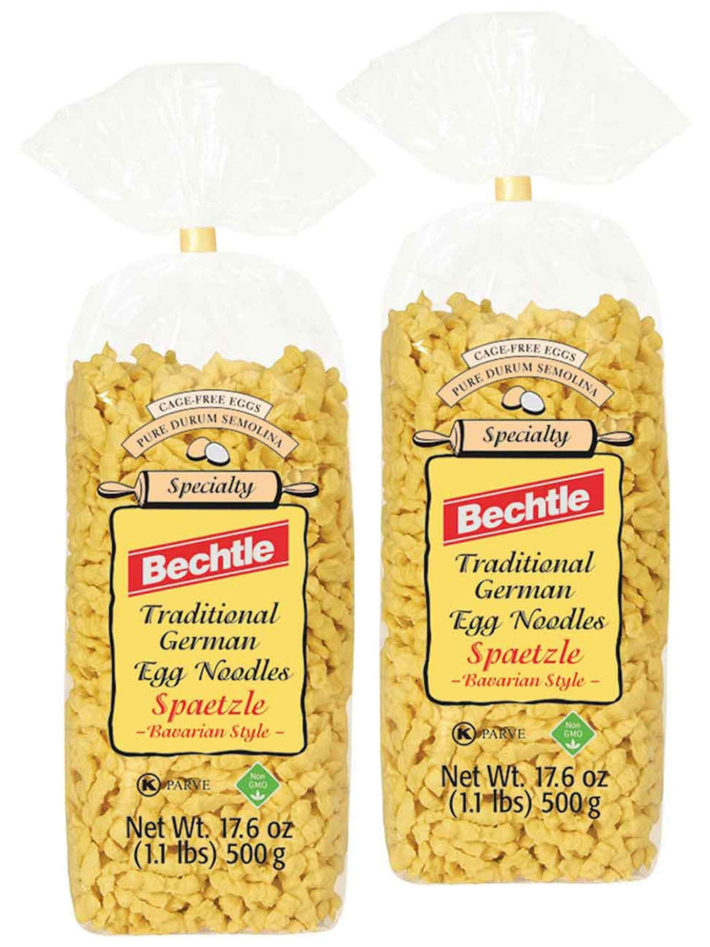 Bechtle Bavarian Spaetzle packaging view shows two-bag pack for easy meal planning.