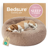 Bedsure calming donut dog bed 33in camel offers cozy round support for curled pets.