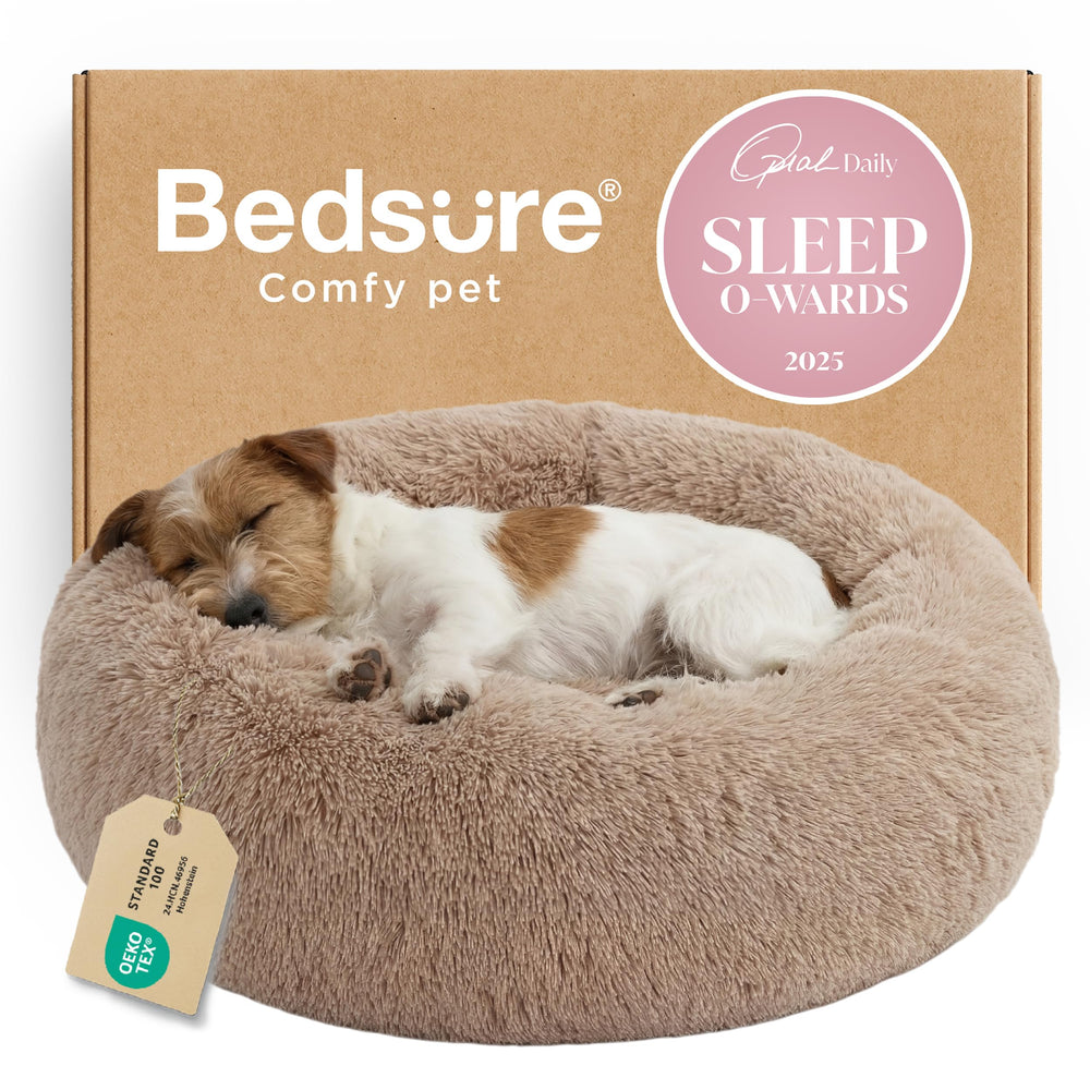 Bedsure calming donut round camel bed offers curl-up comfort.