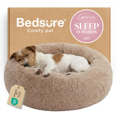 Bedsure calming donut round camel bed offers curl-up comfort.