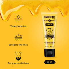 Bee Bald Smooth Plus SPF 30 packaging image highlights travel-friendly size and all-skin-type formula.