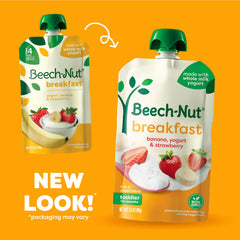 Serving image shows 3.5 oz Beech-Nut breakfast pouch ideal for on-the-go breakfasts
