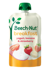 Beech-Nut Breakfast Pouch setup showing yogurt banana strawberry flavor for busy mornings