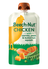 Beech-Nut chicken pouch close-up highlighting 4g protein for babies.