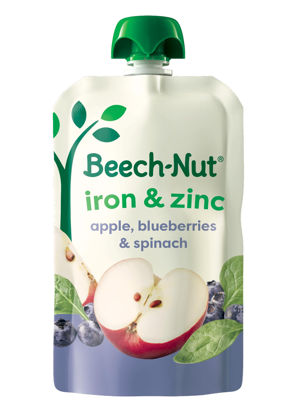 Beech-Nut Apple Blueberry Spinach pouch for on-the-go nutrition.