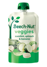 Beech-Nut zucchini spinach banana puree pouch ready for on-the-go feeding.
