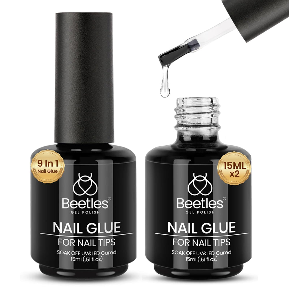 Beetles 9in1 gel nail glue bottle showing versatile base and tip adhesion.