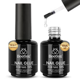 Beetles 9in1 gel nail glue bottle showing versatile base and tip adhesion.