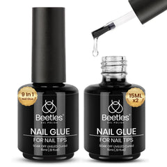 Beetles 9in1 gel nail glue bottle showing versatile base and tip adhesion.