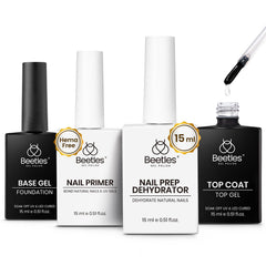 Beetles Dehydrator nail-prep bottle demonstrates surface cleaning for strong adhesion.