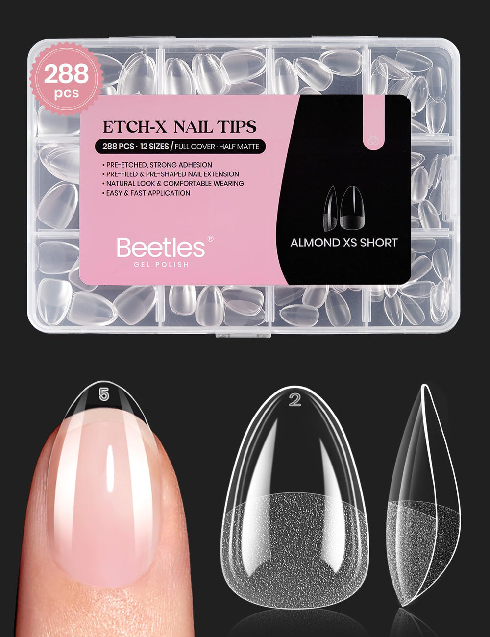 Beetles Etch-X almond nail tip in clear finish for durable extensions.