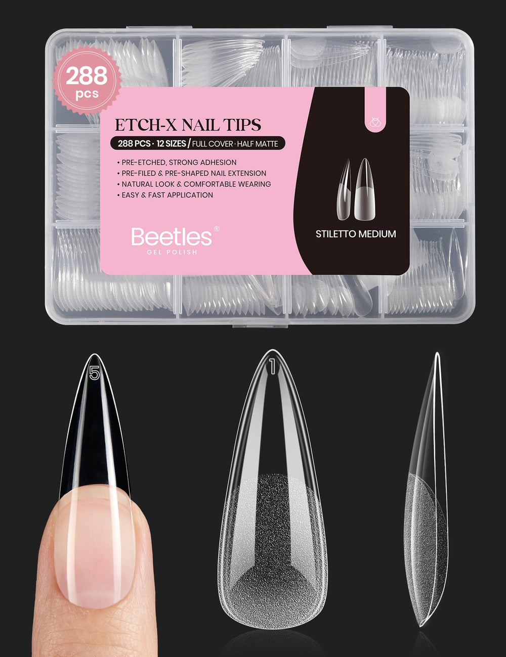 Beetles Etch-X stiletto tips 288 pcs on display for quick extensions.