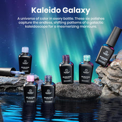 Beetles Kaleido Galaxy glitter gel set delivers icy shimmer across blue, green, purple hues.