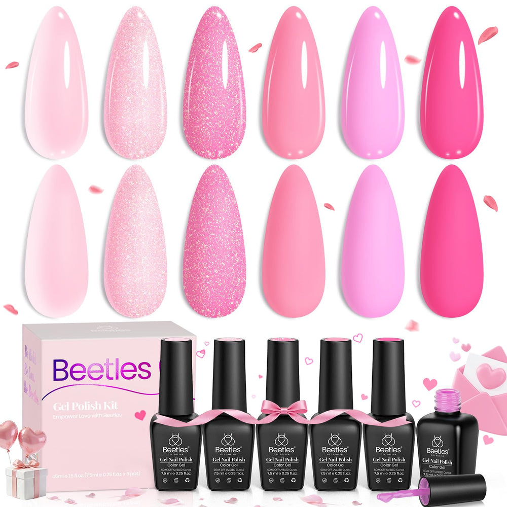Beetles Pink Gel Nail Polish Set in hot pink glitter for at-home manicures