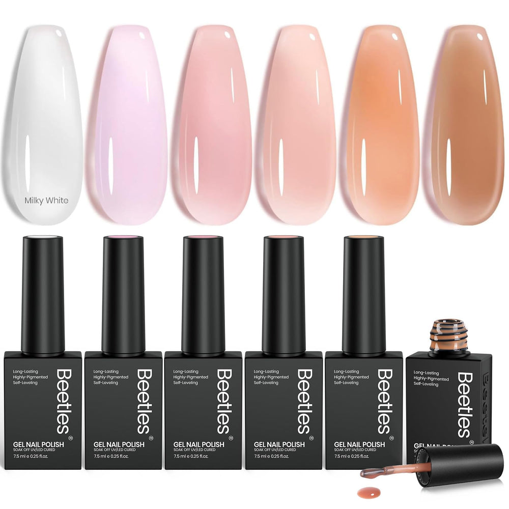 Beetles Sheer Elegance Nude kit packshot showcasing six jelly shades for versatile gel nails