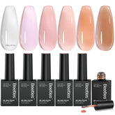 Beetles Sheer Elegance Nude kit packshot showcasing six jelly shades for versatile gel nails