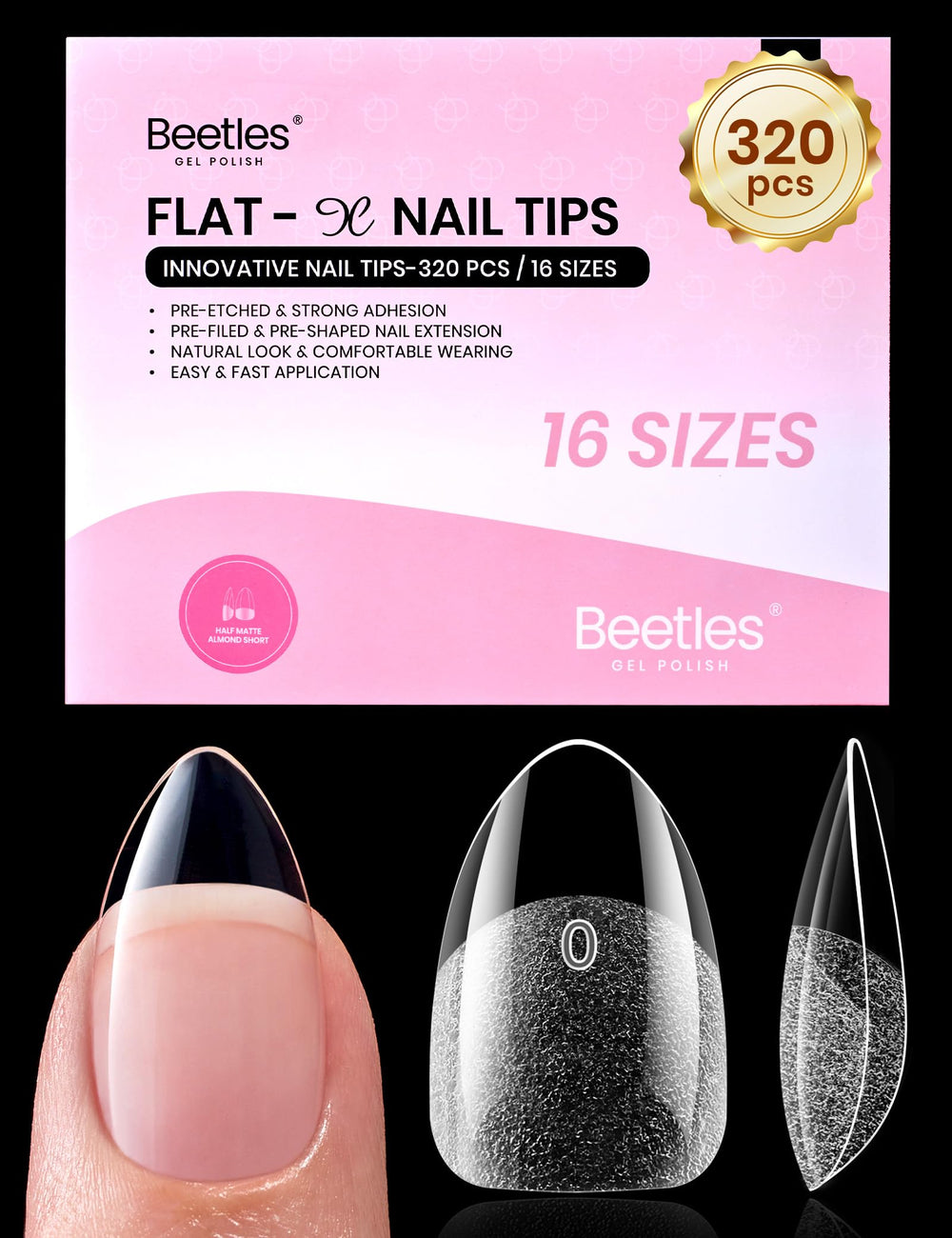 Beetles Short Almond Nail Tips, clear pre-etched tips for fast at-home extensions.
