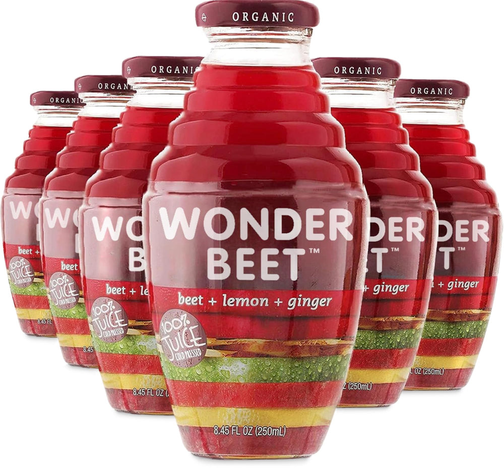 Beetology Organic Beet, Lemon and Ginger Juice bottle close-up with vibrant color and refreshing taste.