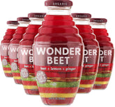 Beetology Organic Beet, Lemon and Ginger Juice bottle close-up with vibrant color and refreshing taste.