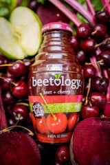 Beetology Beet Veggie label close-up highlights natural nutrition and flavor.