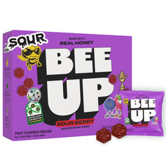 BeeUp Sour Berry pouch showing tangy fruit flavor with honey for school snacks.