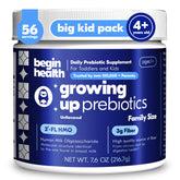 Begin Health Growing Up Prebiotics powder in bottle for daily kid digestion