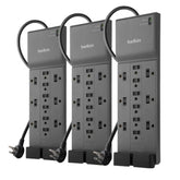 Belkin 12-outlet surge protector on a tidy desk boosts device charging.