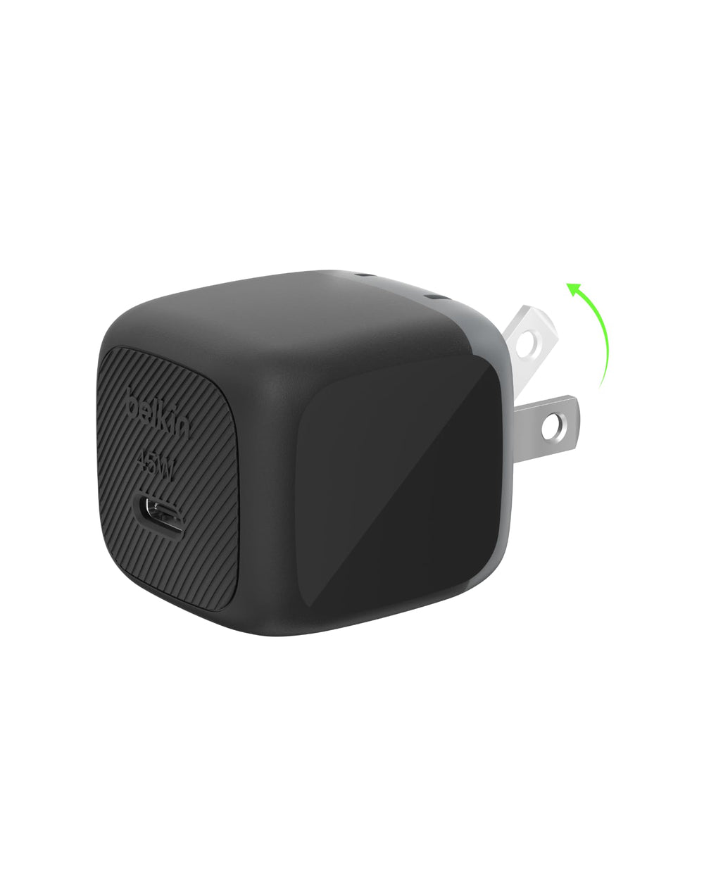 Belkin 45W USB-C charger block, compact front view, ideal for quick charging on the go.