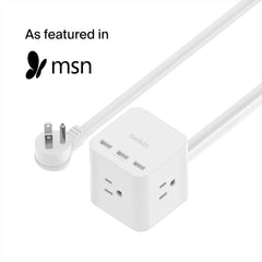 Belkin Power Cube side view demonstrating accessible outlets and tidy cable management.