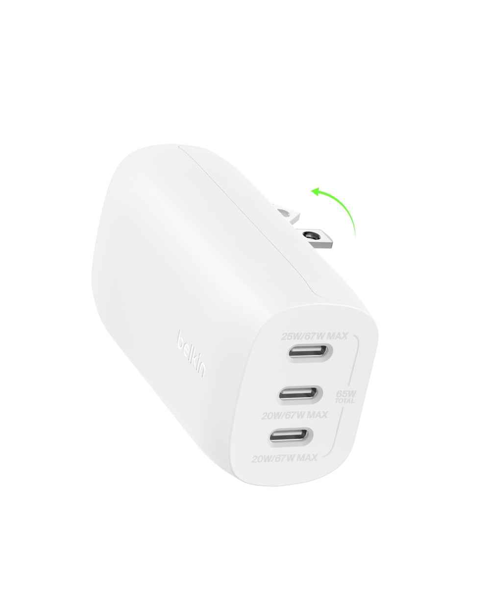 Belkin BoostCharge Pro 3-Port Charger front view, compact home charging solution.