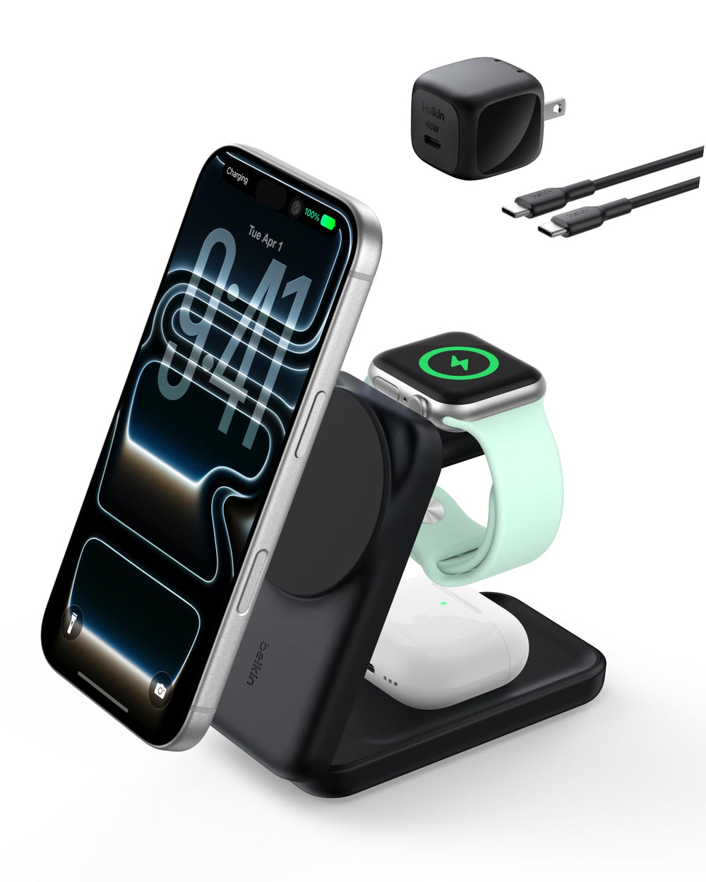Belkin MagSafe 3-in-1 charger in use charging iPhone, Watch, and AirPods together