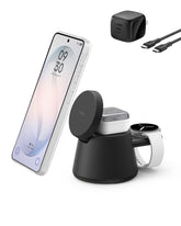 Belkin UltraCharge 3-in-1 dock charges Galaxy S26 with magnetic alignment.