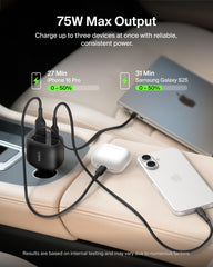 Side angle highlights three-port design for simultaneous device charging.