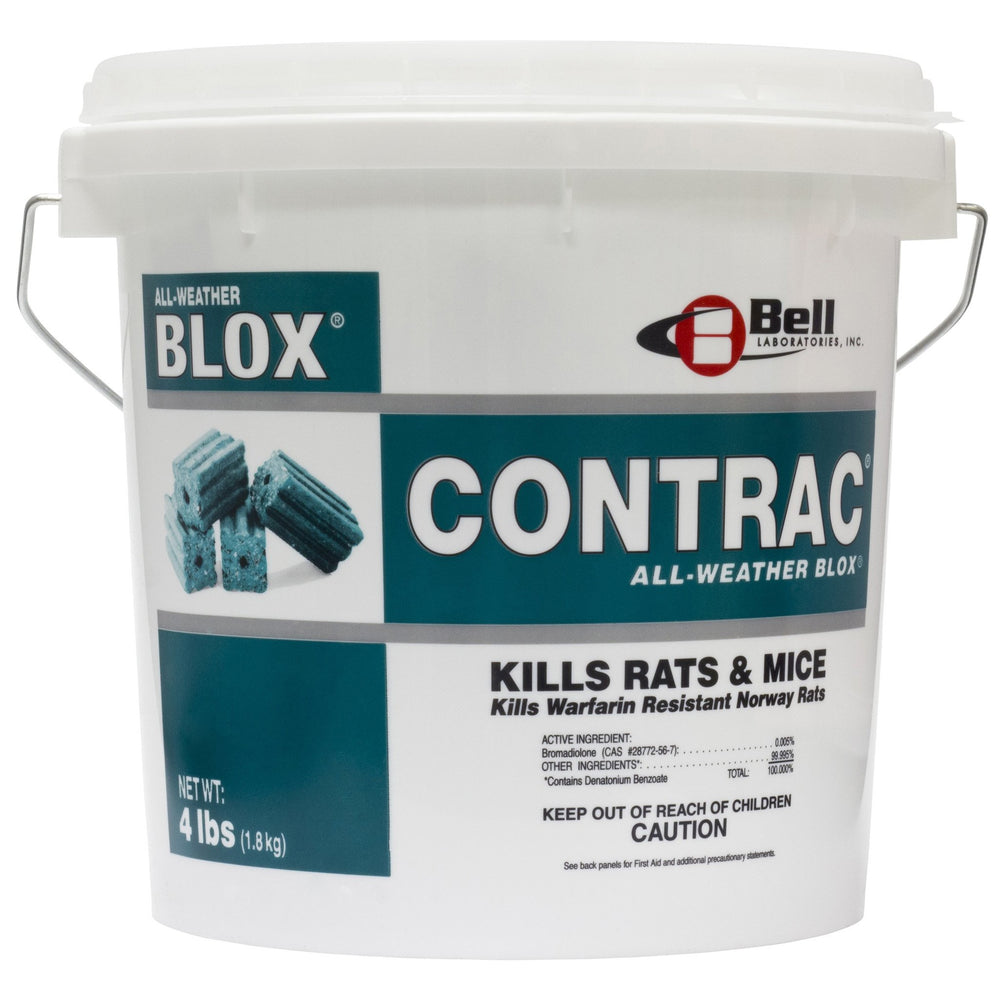 Bell Laboratories Contrac Blox blue block shown in a bait station for durable, weather-ready rodent control.