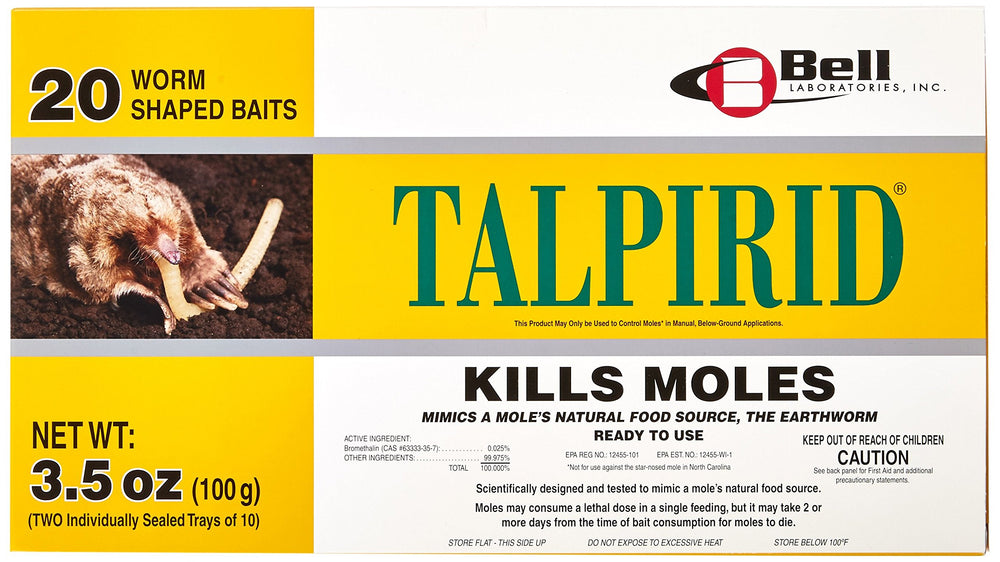 Bell Laboratories Talpirid 20 worm baits arranged in two trays for easy, ready-to-use mole control.