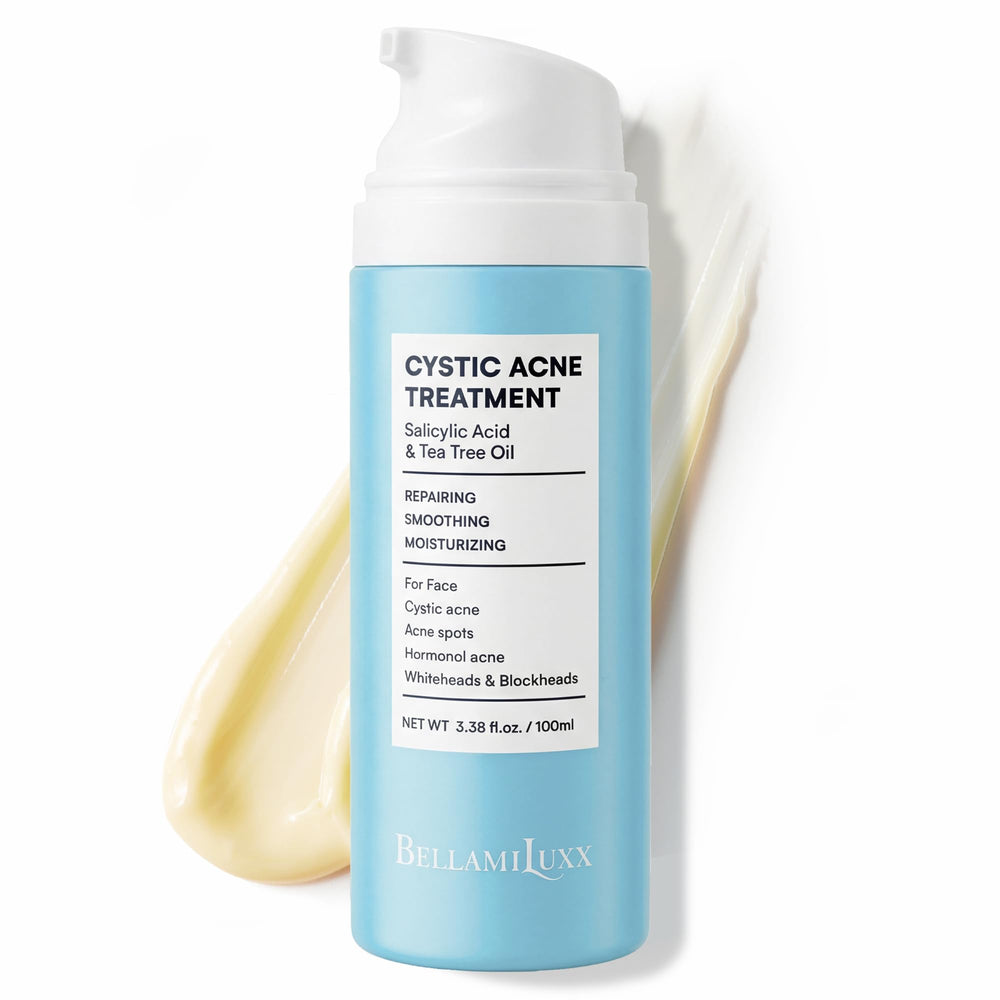 BellamiLuxx cystic acne lotion bottle demonstrates targeted care for clearer skin.