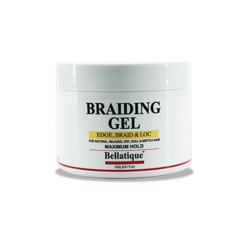 Bellatique edge-braid-loc maximum hold gel in jar for strong edge control.