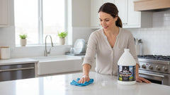 Belle Chemical grease-cutting cleaner in action on kitchen surfaces for grease removal.