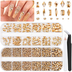 BELLEBOOST 3220Pcs gold nail rhinestones pack with varied shapes for dazzling nails