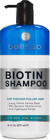 Bellisso Biotin Shampoo bottle shows volume boost for thicker-looking hair.