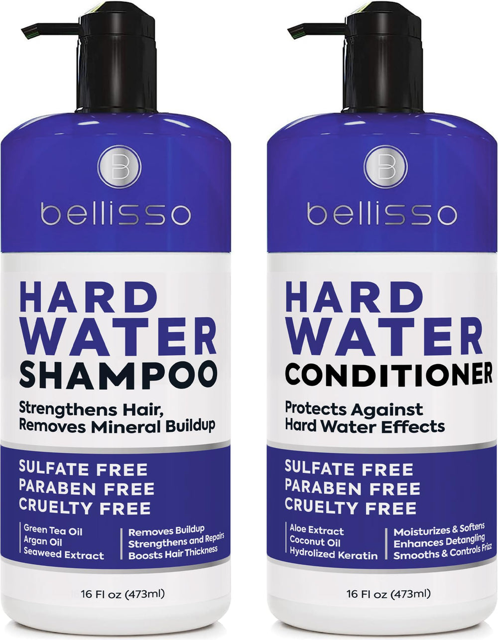 Bellisso hard water shampoo bottle demonstrates mineral chelation for cleaner, lighter hair.